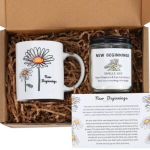 LESEN New Beginnings Box Gifts for Women,Daisy Mug and Candle Gifts Basket for New Job,Going Away,Farewell,Goodbye, Good Luck,Coworker Leaving,Break Up,Divorce Gifts