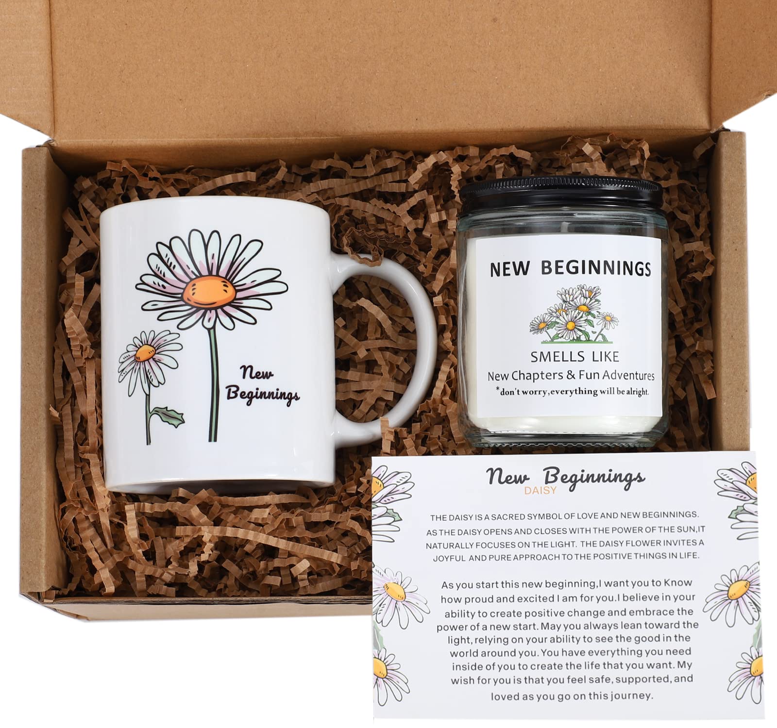 LESEN New Beginnings Box Gifts for Women,Daisy Mug and Candle Gifts Basket for New Job,Going Away,Farewell,Goodbye, Good Luck,Coworker Leaving,Break Up,Divorce Gifts