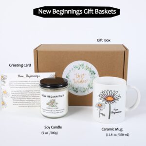 LESEN New Beginnings Box Gifts for Women,Daisy Mug and Candle Gifts Basket for New Job,Going Away,Farewell,Goodbye, Good Luck,Coworker Leaving,Break Up,Divorce Gifts