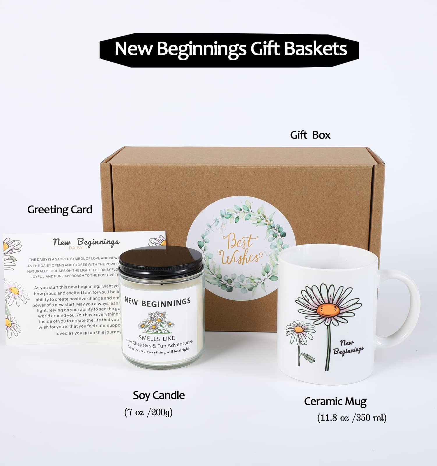 LESEN New Beginnings Box Gifts for Women,Daisy Mug and Candle Gifts Basket for New Job,Going Away,Farewell,Goodbye, Good Luck,Coworker Leaving,Break Up,Divorce Gifts