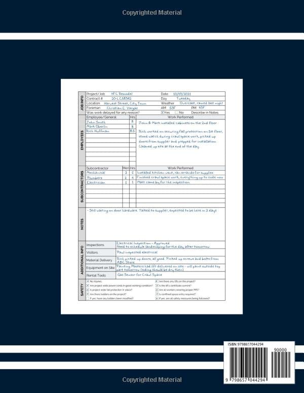 Construction Site Daily Log (Blue): Quality Daily Project Management Job Report With Info About Project, Employees' and Subcontractors' Performed Work, Safety Checklist and additional Info & Notes