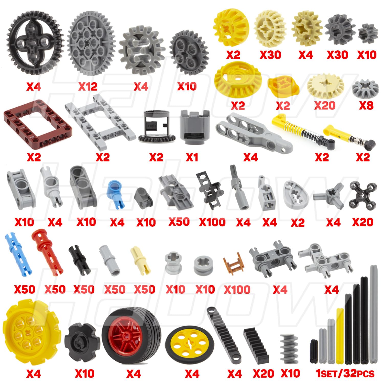 Habow 852pcs Technic-Parts Gears-Axle-Pin-Connector Compatible with Lego-Technic, Shock-Absorber Wheels Chain Link Frame Joints Differential Engine Kit. MOC Pieces for Toy Building Sets