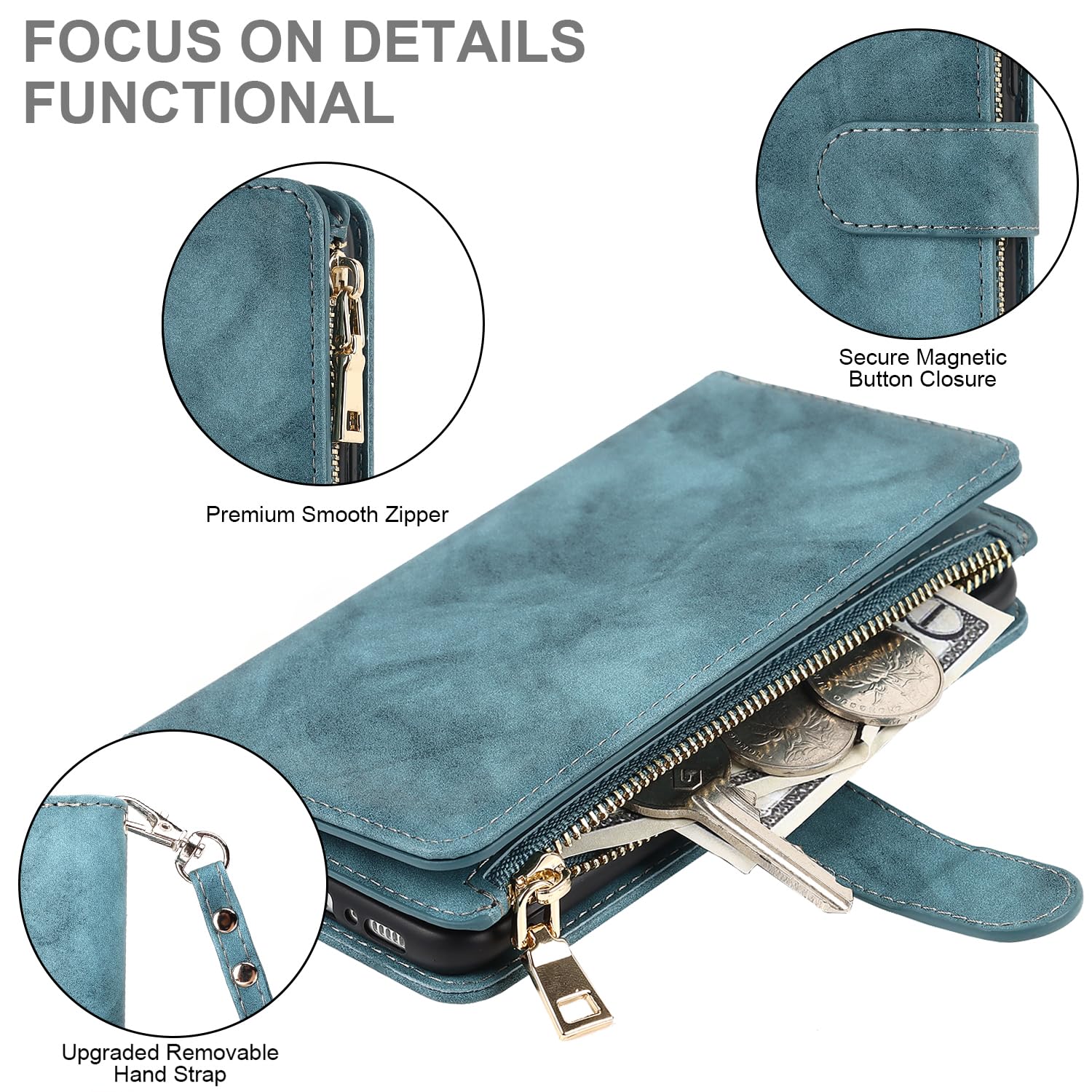 YuHii for iPhone 11 Case with Card Holder iPhone 11 Wallet Case for Women magnetic leather Flip Folio Zipper Cover with Credit Holder-Blue