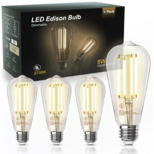 tjoy edison light bulbs 60w equivalent, dimmable vintage led light bulbs, e26 medium base, warm white 2700k, st58, 8w, 800lm, 80+ cri, antique decorative filament led bulb, clear glasses, 4 pack