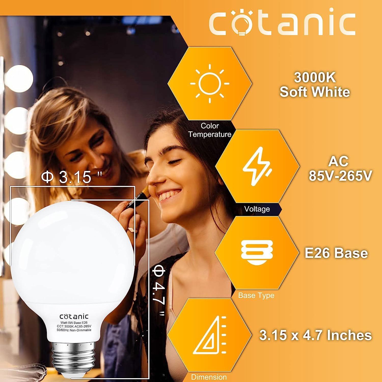 Cotanic 12 Pack G25 LED Vanity Light Bulb 3000K Soft White, Bathroom Round Light Bulb, E26 Standard Base, 5W, 60 Watt Equivalent Incandescent Replacement, 500LM, Non-Dimmable