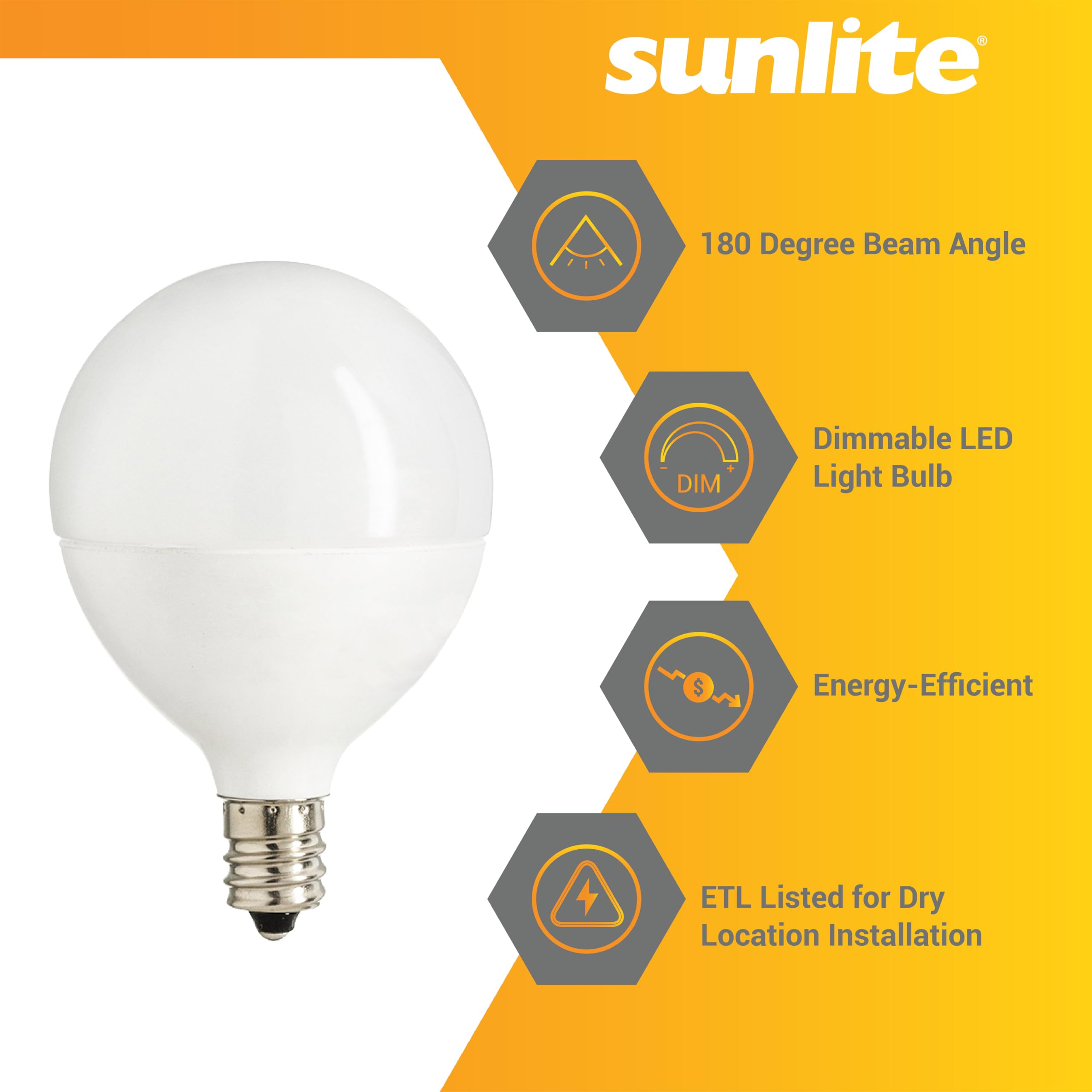 Sunlite 40299 LED G16.5 Globe Light Bulb, 7 Watts (60W Equivalent), 500 Lumens, 2700K Soft White, Dimmable, Candelabra E12 Base, Short Bulbs, Vanity Bulbs, Frosted, 3 Count