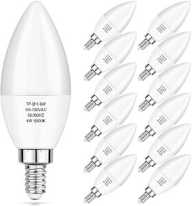 maxvolador 12-pack e12 candelabra led bulbs 60w equivalent, 6w 600 lm chandelier light bulb 5000k, b11 candle lamp with candelabra base, non-dimmable