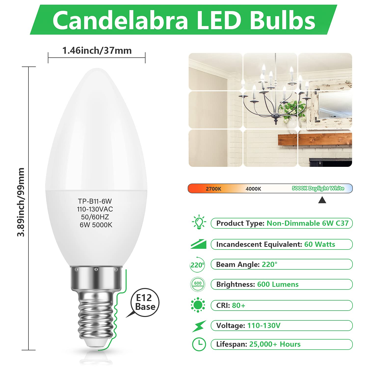 MAXvolador 12-Pack E12 Candelabra LED Bulbs 60W Equivalent, 6W 600 LM Chandelier Light Bulb 5000K, B11 Candle lamp with Candelabra Base, Non-Dimmable