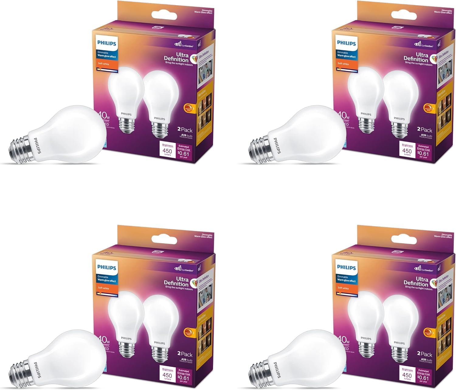 PHILIPS LED Ultra Definition Flicker-Free Dimmable Eye Comfort Technology, Soft White 2700K A15 Frosted Glass Light Bulb, 750Lumen, 5W=60W, E26 Base, 8-Pack (581199)