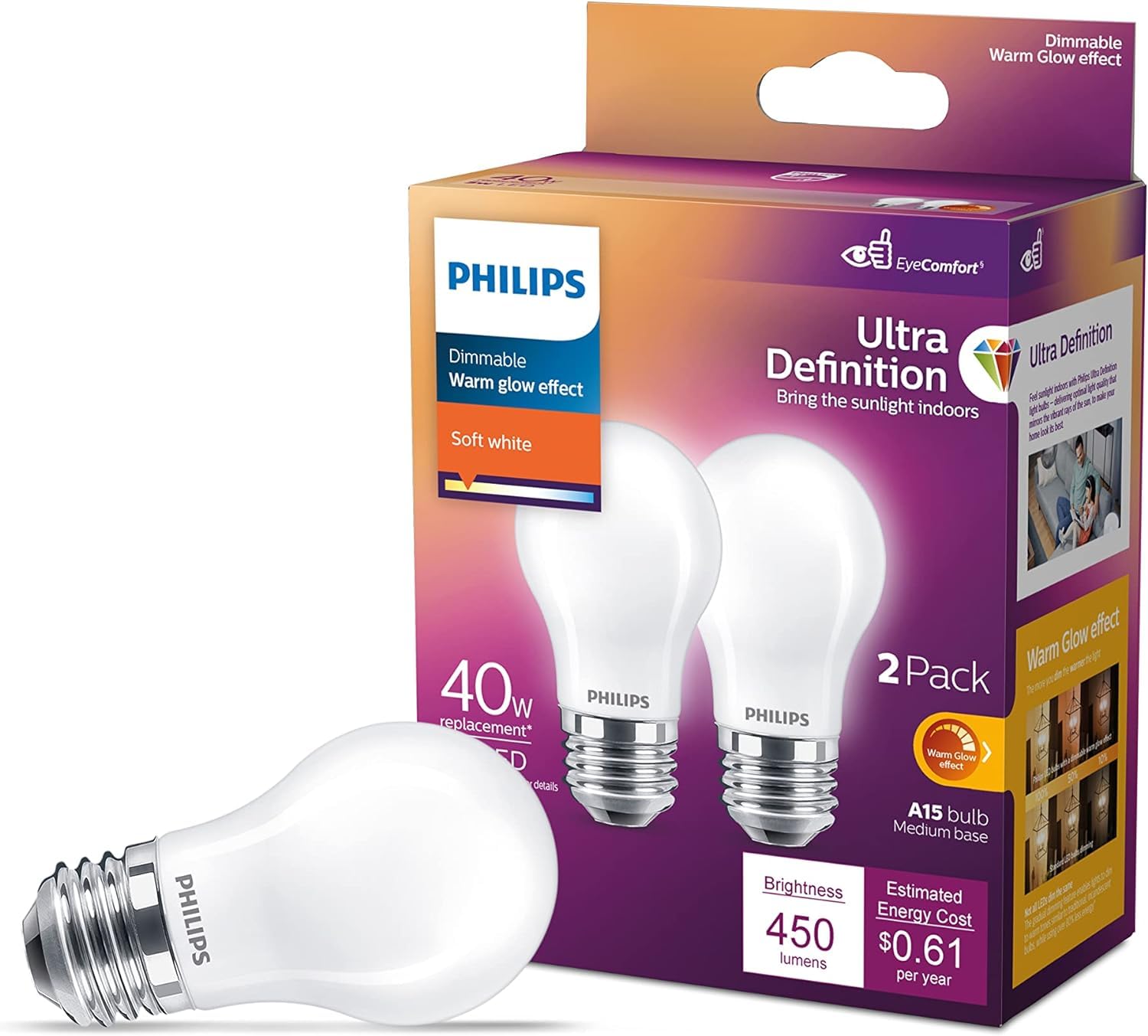 PHILIPS LED Ultra Definition Flicker-Free Dimmable Eye Comfort Technology, Soft White 2700K A15 Frosted Glass Light Bulb, 750Lumen, 5W=60W, E26 Base, 8-Pack (581199)