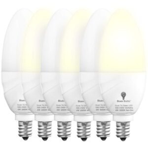 6 pack bluex dusk to dawn led bulbs, 6w e12 base light bulb - 65w equivalent – 3000k warmlight white - smart light sensor candelabra bulb, home security indoor, outdoor, driveway, yard, porch lighting