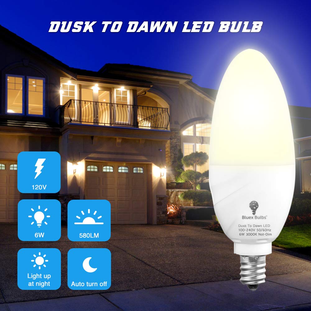 6 Pack Bluex Dusk to Dawn LED Bulbs, 6W E12 Base Light Bulb - 65W Equivalent – 3000K WarmLight White - Smart Light Sensor Candelabra Bulb, Home Security Indoor, Outdoor, Driveway, Yard, Porch Lighting