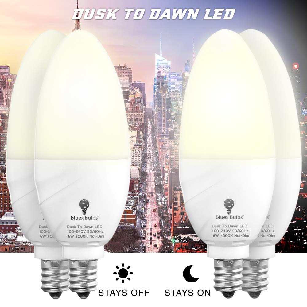 6 Pack Bluex Dusk to Dawn LED Bulbs, 6W E12 Base Light Bulb - 65W Equivalent – 3000K WarmLight White - Smart Light Sensor Candelabra Bulb, Home Security Indoor, Outdoor, Driveway, Yard, Porch Lighting