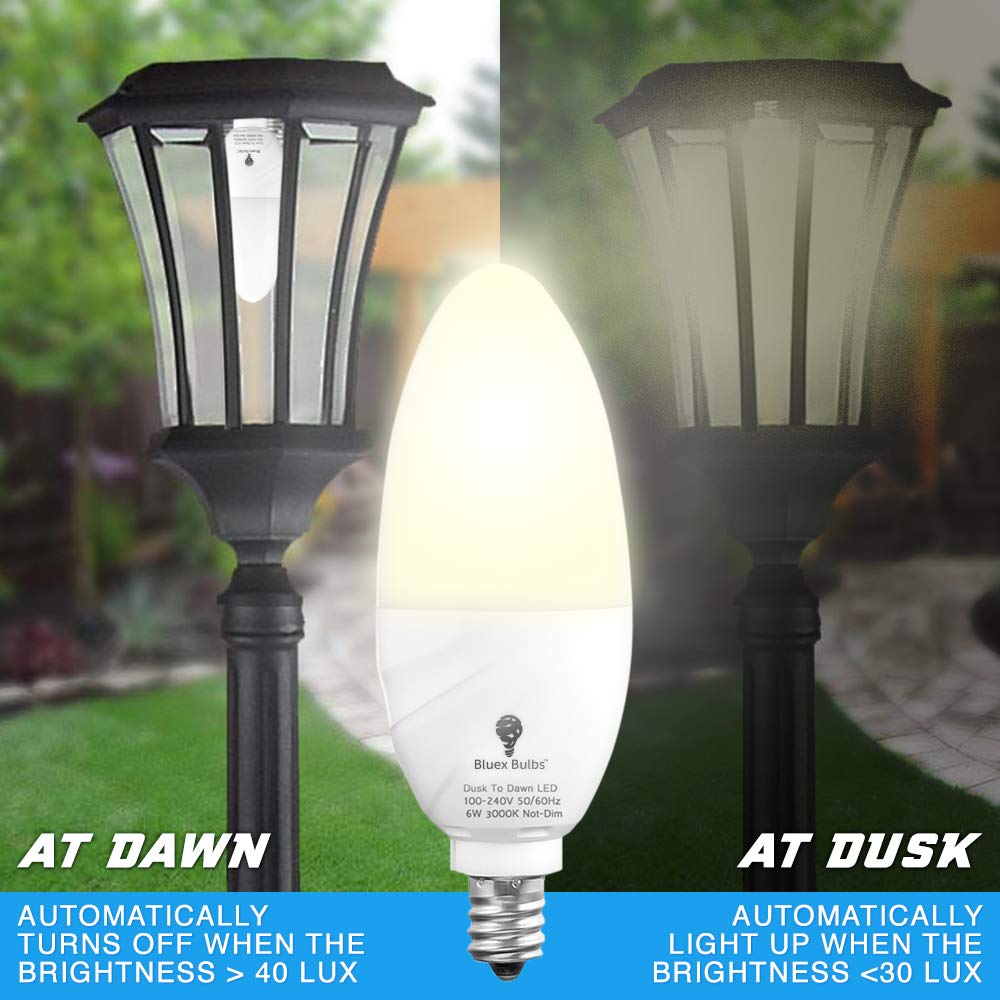 6 Pack Bluex Dusk to Dawn LED Bulbs, 6W E12 Base Light Bulb - 65W Equivalent – 3000K WarmLight White - Smart Light Sensor Candelabra Bulb, Home Security Indoor, Outdoor, Driveway, Yard, Porch Lighting