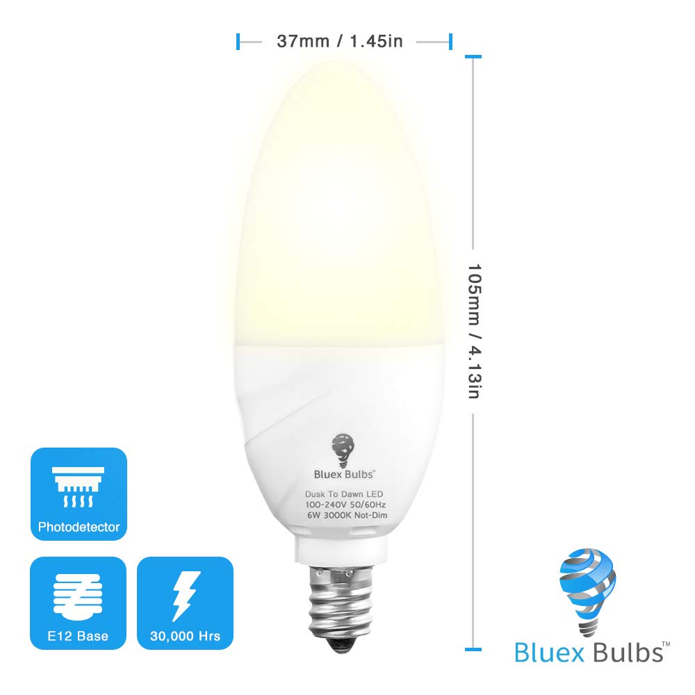 6 Pack Bluex Dusk to Dawn LED Bulbs, 6W E12 Base Light Bulb - 65W Equivalent – 3000K WarmLight White - Smart Light Sensor Candelabra Bulb, Home Security Indoor, Outdoor, Driveway, Yard, Porch Lighting