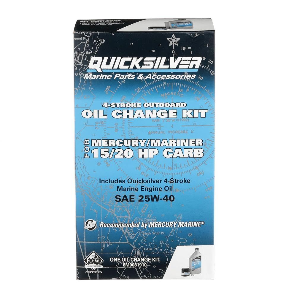 Quicksilver 25W-40 Oil Change Kit for 4-stroke 15hp and 20hp Mercury outboards.