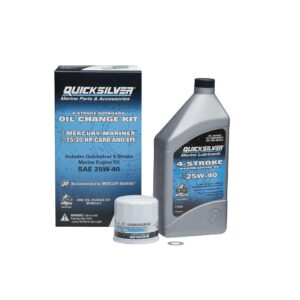 Quicksilver 25W-40 Oil Change Kit for 4-stroke 15hp and 20hp Mercury outboards.