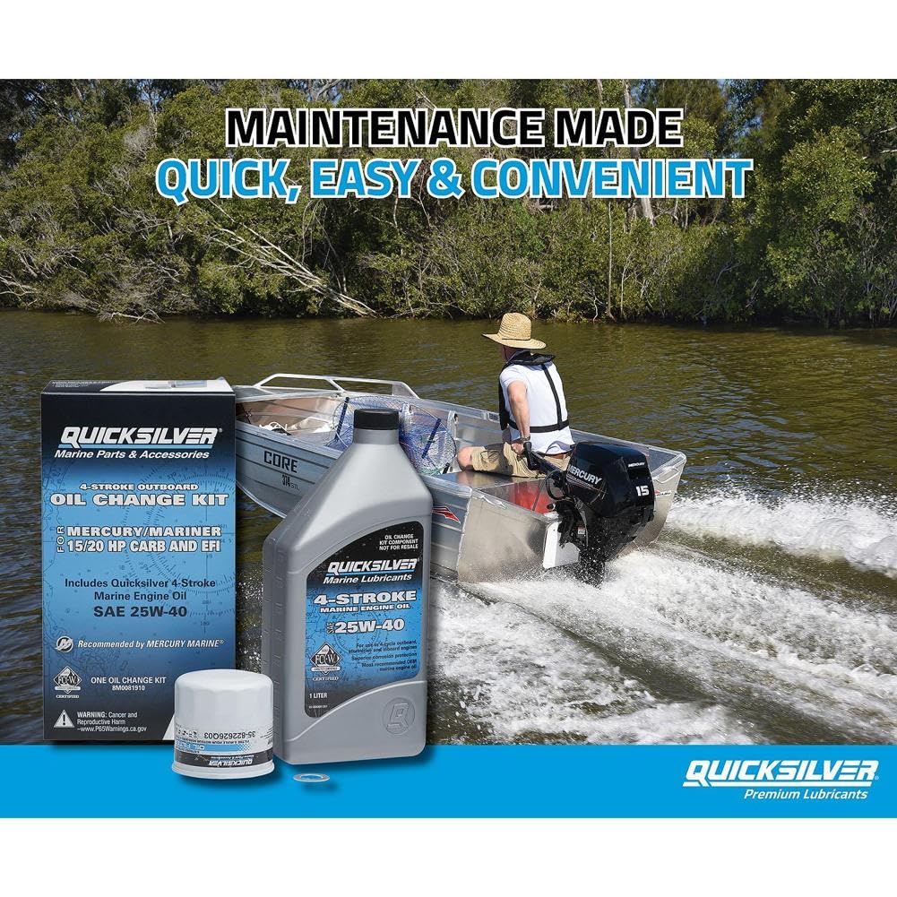 Quicksilver 25W-40 Oil Change Kit for 4-stroke 15hp and 20hp Mercury outboards.