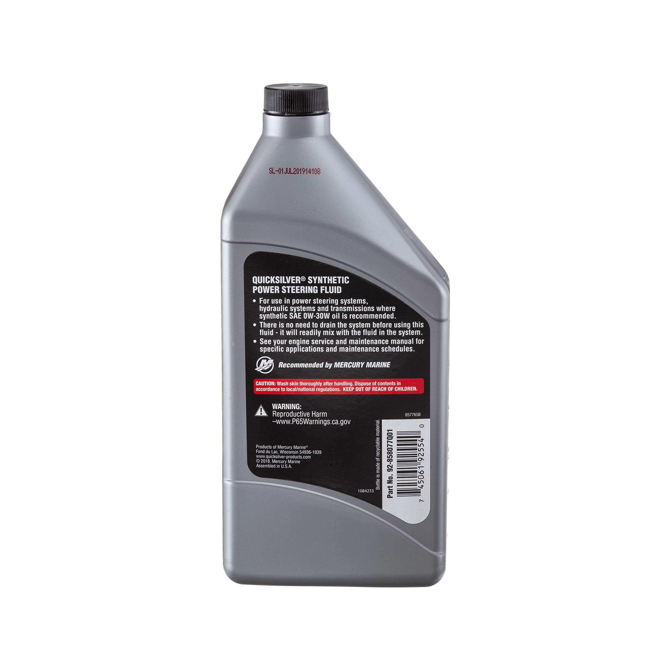 Quicksilver 858077Q01 Power Steering Fluid SAE 0W-30, Full Synthetic – 32 Oz. Bottle