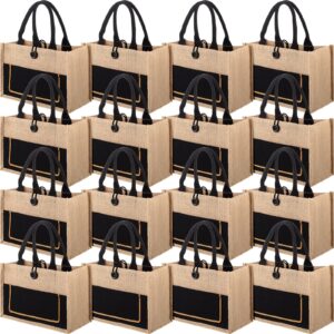 16 Pieces Jute Burlap Totes Jute Tote Bags Reusable Burlap Bags with Handles for Wedding Shopping, 11.8 x 7.87 x 5.5 Inches (Black)