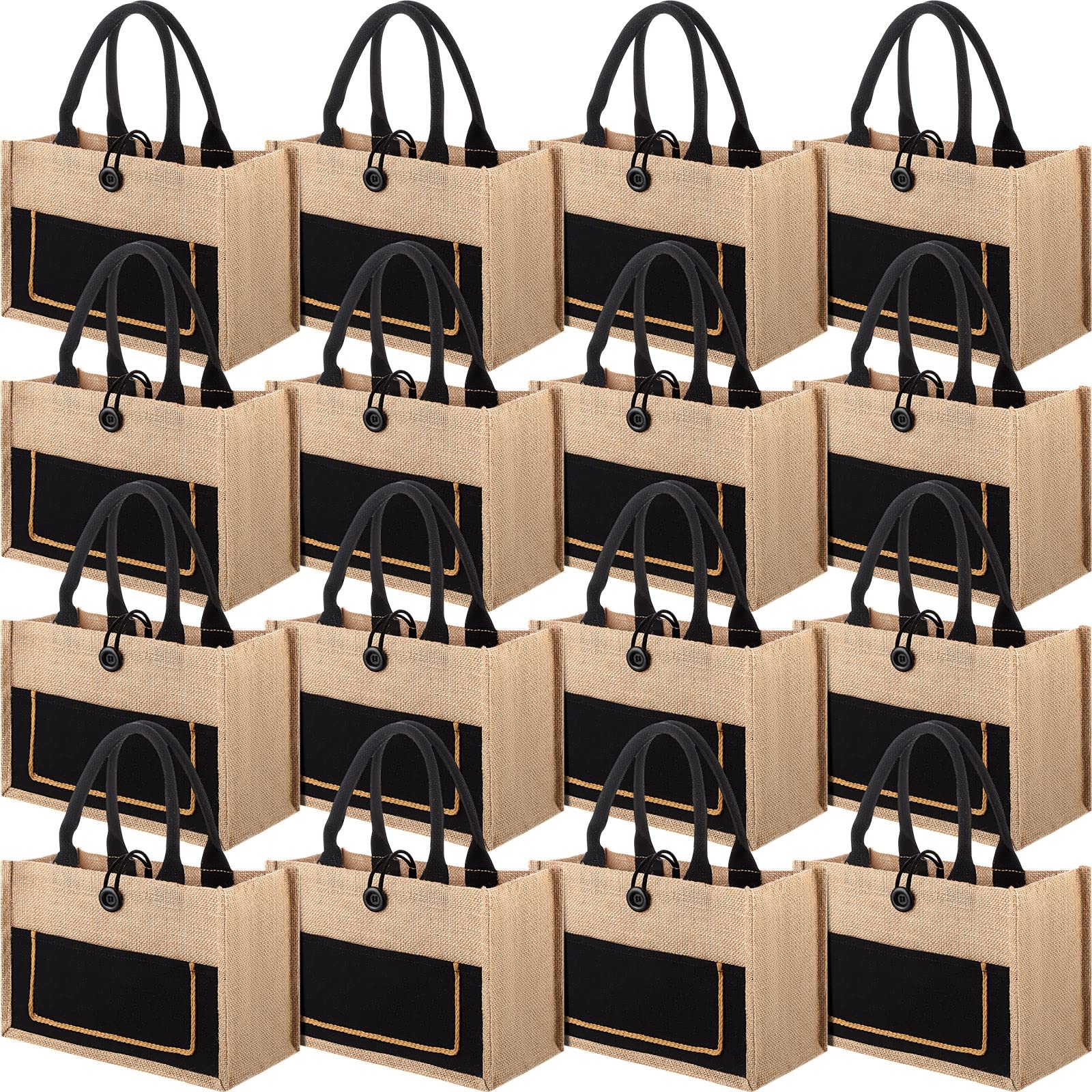 16 Pieces Jute Burlap Totes Jute Tote Bags Reusable Burlap Bags with Handles for Wedding Shopping, 11.8 x 7.87 x 5.5 Inches (Black)