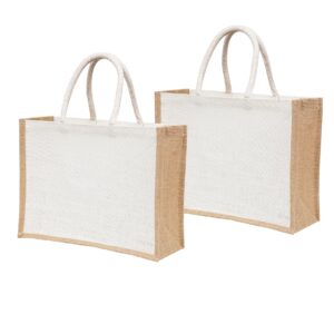 White Jute Burlap Tote Bags with Handle | Natural Eco-friendly Reusable Grocery Bag | Totes for Bridesmaids|Yogi's Gift® Pack of 2