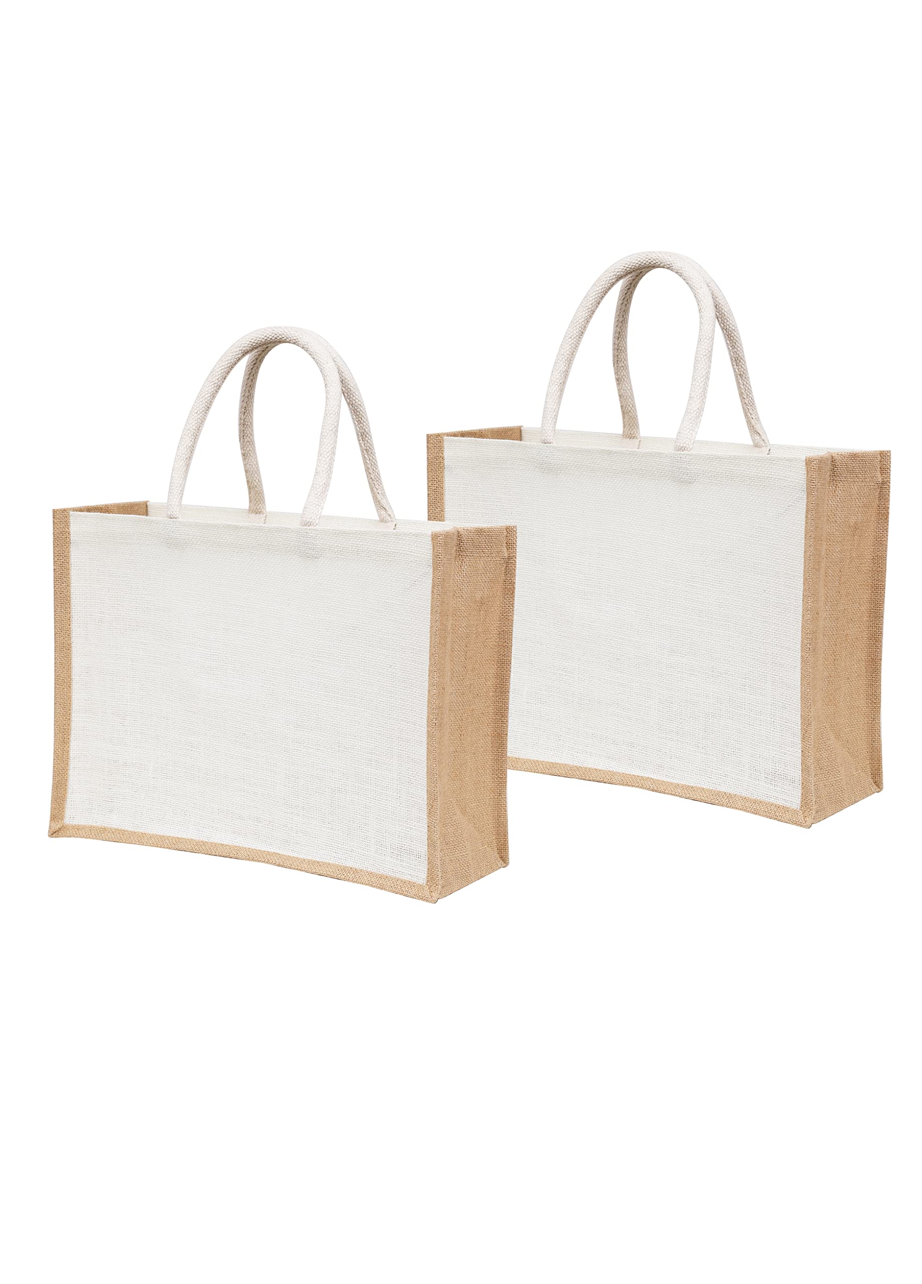 White Jute Burlap Tote Bags with Handle | Natural Eco-friendly Reusable Grocery Bag | Totes for Bridesmaids|Yogi's Gift® Pack of 2