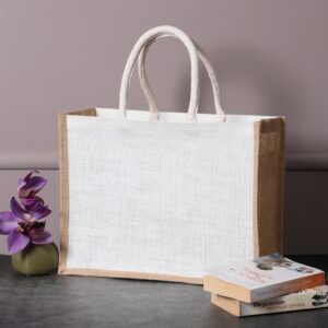 White Jute Burlap Tote Bags with Handle | Natural Eco-friendly Reusable Grocery Bag | Totes for Bridesmaids|Yogi's Gift® Pack of 2