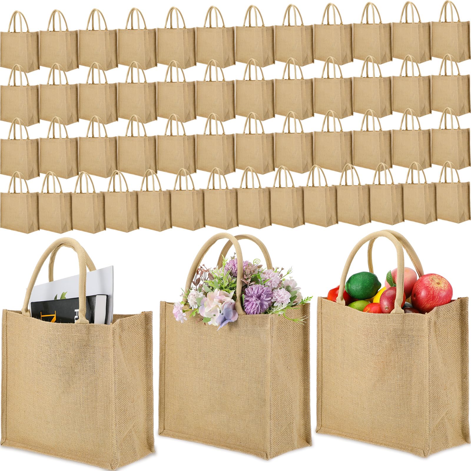 Sanwuta 50 Pcs Burlap Tote Bag Bulk Jute Tote Bags with Laminated Reusable Summer Tote Blank for Mother Teacher DIY Bridesmaid Wedding Shopping Beach, 14.96 x 11.81 x 5.91 Inch