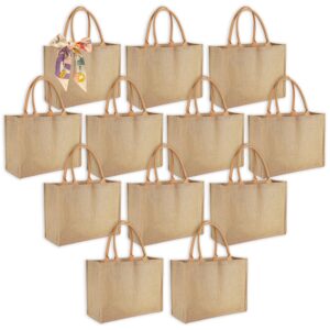 ayearparty 12 pack large burlap tote bags with handles bridesmaid wedding favors women gift bags welcome jute bag bulk blank reusable tote for diy beach shopping grocery 15.4 x 12.2 x 5.9 inches