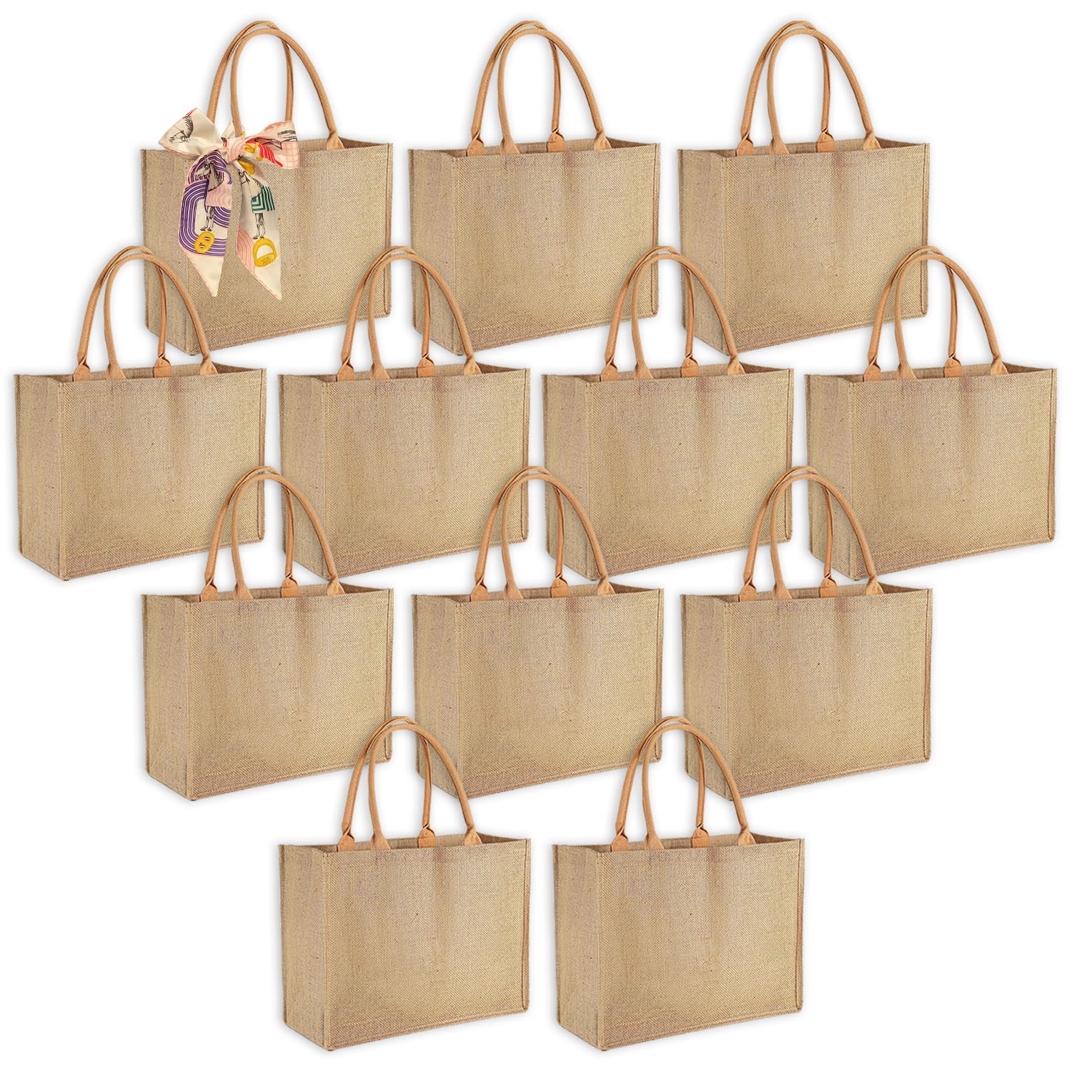 Ayearparty 12 Pack Large Burlap Tote Bags with Handles Bridesmaid Wedding Favors Women Gift Bags Welcome Jute Bag Bulk Blank Reusable Tote for DIY Beach Shopping Grocery 15.4 x 12.2 x 5.9 Inches