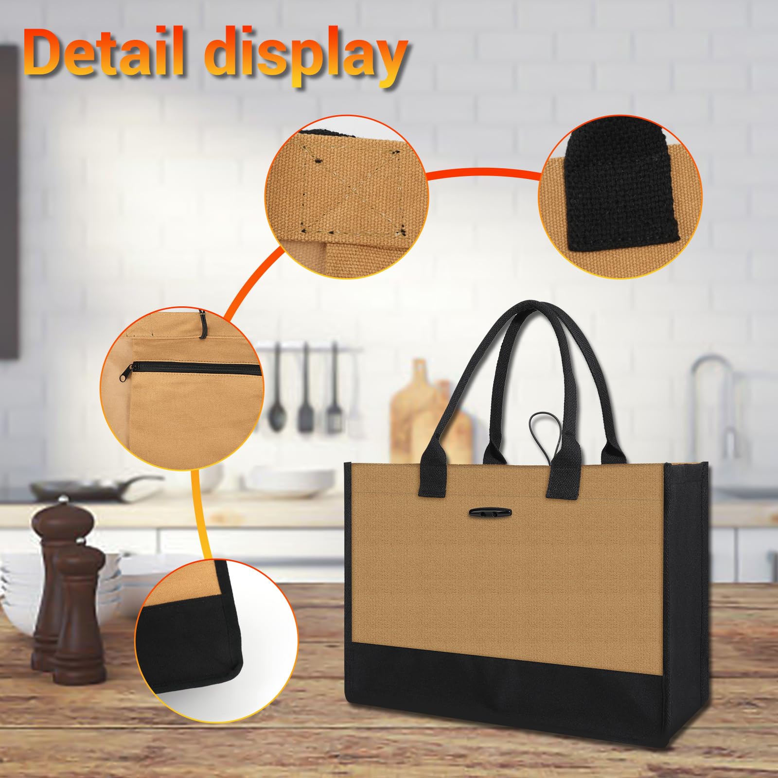 Aricsen Large Canvas Shopping Tote Bag with Handles for Women Gift Grocery Beach Holidays, Reusable Blank Clearance Eco Burlap Cloth Jute Fabric Handbag for Kitchen, Black & Brown