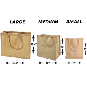 12 Pack Jute Burlap Tote Bags Soft Cotton Handles Laminated Interior Burlap Bags Beach Teacher Mother Bridesmaid Wedding DIY (LARGE (15.5x14x6)) Natural