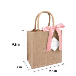 Burlap Tote Bags with Handles Reusable Jute Gift Bags with Pink Silk Ribbons Waterproof Lining for Wedding Bridesmaid Mother's Day Bachelorette Beach Party