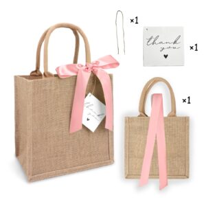 Burlap Tote Bags with Handles Reusable Jute Gift Bags with Pink Silk Ribbons Waterproof Lining for Wedding Bridesmaid Mother's Day Bachelorette Beach Party