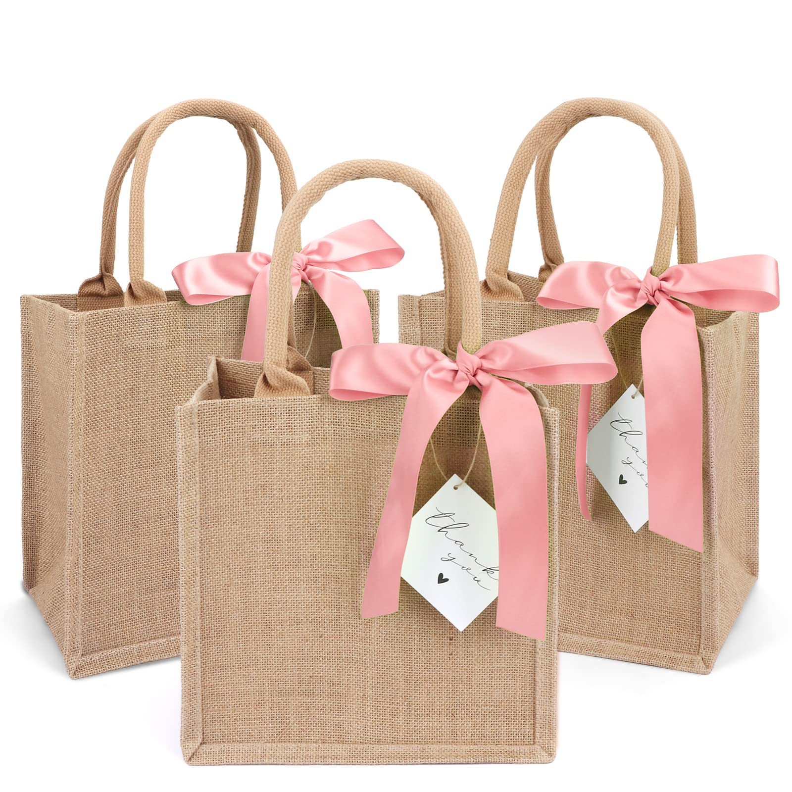 6 Pack Burlap Tote Bags with Handles Reusable Jute Gift Bags with Pink Silk Ribbons Waterproof Lining for Wedding Bridesmaid Mother's Day Bachelorette Beach Party