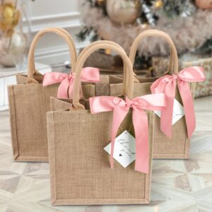 6 Pack Burlap Tote Bags with Handles Reusable Jute Gift Bags with Pink Silk Ribbons Waterproof Lining for Wedding Bridesmaid Mother's Day Bachelorette Beach Party