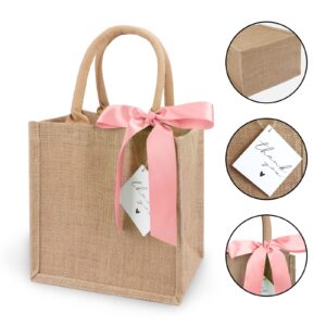 6 Pack Burlap Tote Bags with Handles Reusable Jute Gift Bags with Pink Silk Ribbons Waterproof Lining for Wedding Bridesmaid Mother's Day Bachelorette Beach Party