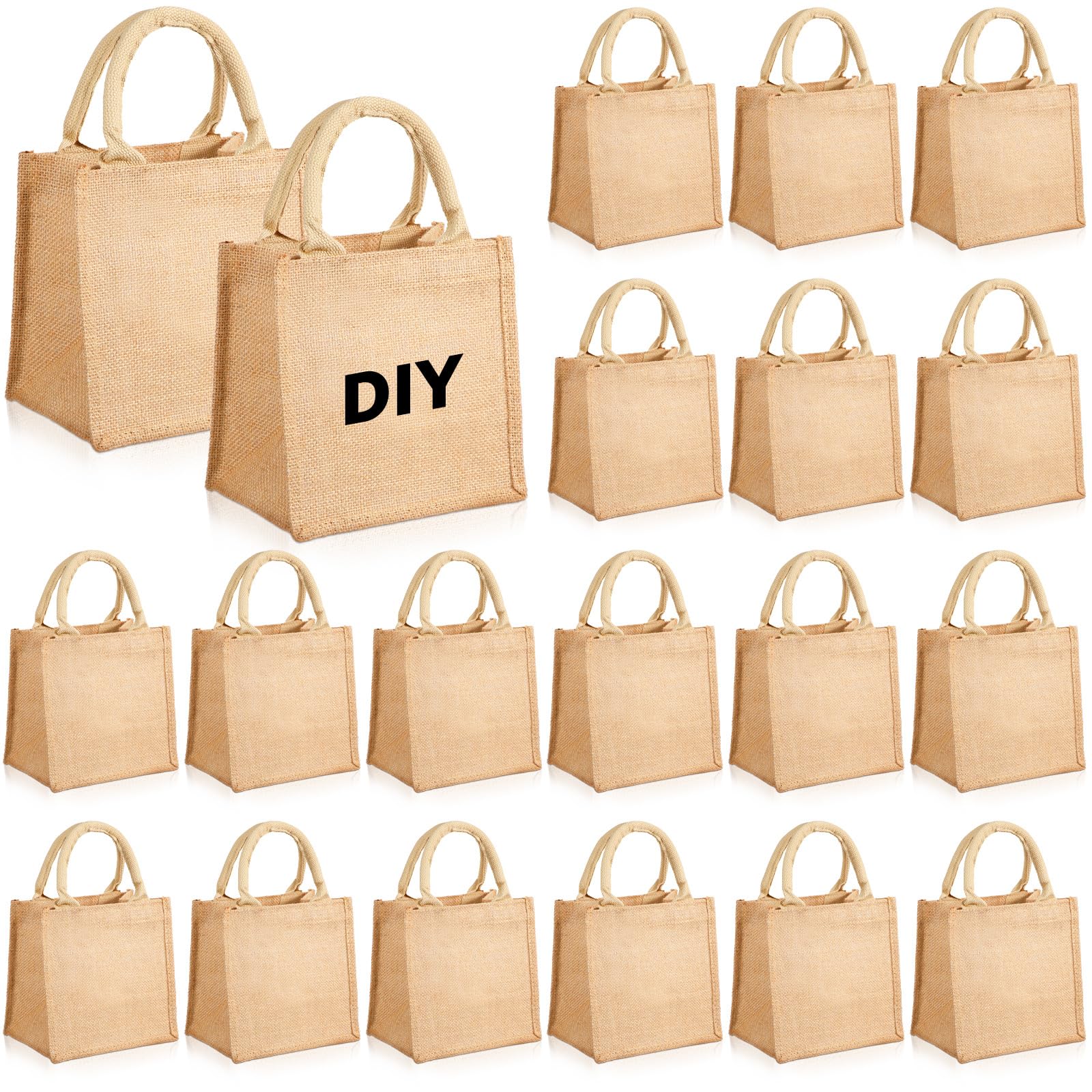 Silkfly 20 Pcs Mini Burlap Jute Tote Bags with Handle Small Blank Reusable Market Grocery Bags for Teacher Bridesmaids Wedding Gift Shopping DIY Craft Travel Beach Thanksgiving Christmas, 8 x 8 x 6 in