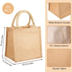 Silkfly 20 Pcs Mini Burlap Jute Tote Bags with Handle Small Blank Reusable Market Grocery Bags for Teacher Bridesmaids Wedding Gift Shopping DIY Craft Travel Beach Thanksgiving Christmas, 8 x 8 x 6 in