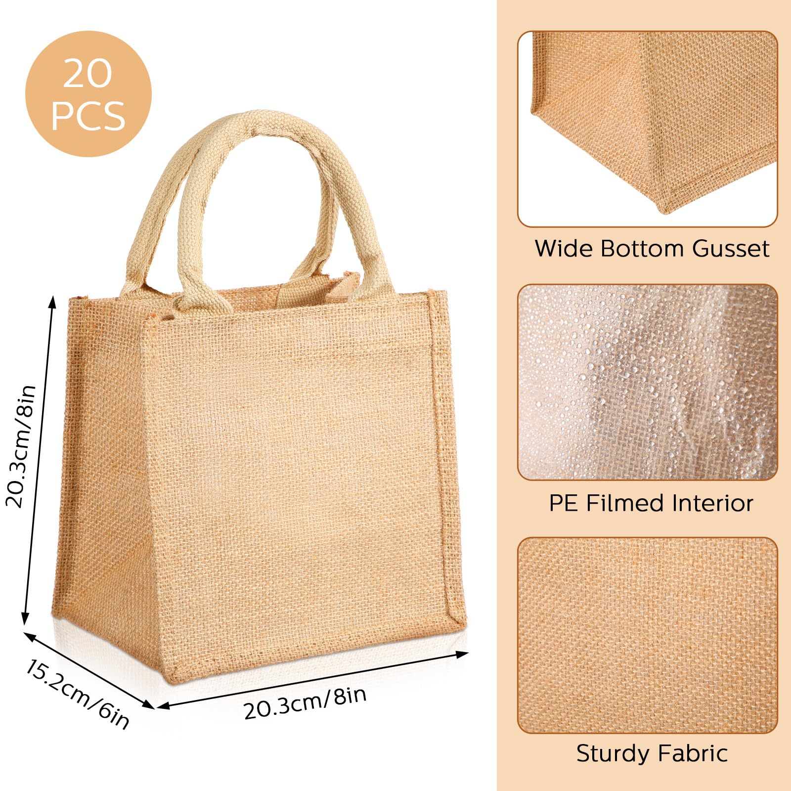 Silkfly 20 Pcs Mini Burlap Jute Tote Bags with Handle Small Blank Reusable Market Grocery Bags for Teacher Bridesmaids Wedding Gift Shopping DIY Craft Travel Beach Thanksgiving Christmas, 8 x 8 x 6 in