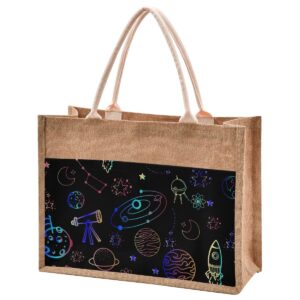 jute burlap tote planets galaxy universe red space stars hippie rainbow navy large beach bag reusable grocery shopping storage bag