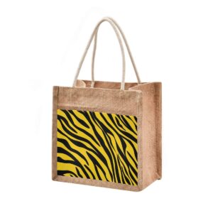 tote bag yellow black tiger striped texture animal jute burlap wedding bridesmaid gift bag grocery storage bag