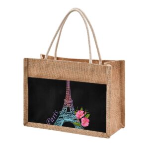 jute tote burlap bag pink blue paris eiffel tower floral flower black gift bag women diy work grocery storage bag