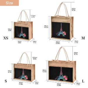 Jute Tote Burlap Bag Pink Blue Paris Eiffel Tower Floral Flower Black Gift Bag Women DIY Work Grocery Storage Bag