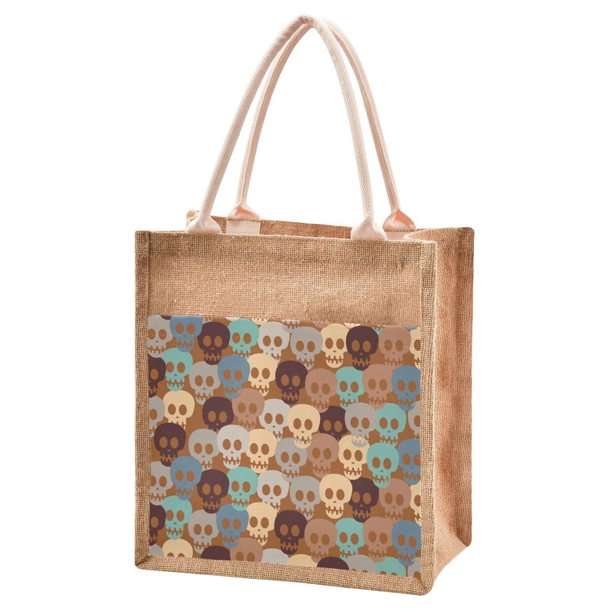 Jute Burlap Tote Bag Brown Skull Halloween Autumn Large Capacity Reusable Grocery Shopping Storage Bag