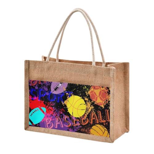 Jute Tote Burlap Bag Basketball Sports Football Volleyball Hippie Colorful Gift Bag Women DIY Work Grocery Storage Bag