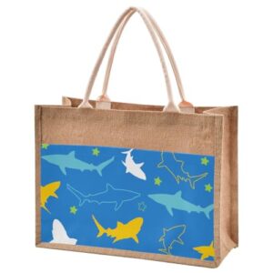 jute burlap tote shark ocean sea fish star blue yellow large beach bag reusable grocery shopping storage bag