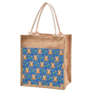jute burlap tote bag blue navy tiger animal cute star moon dots large capacity reusable grocery shopping storage bag