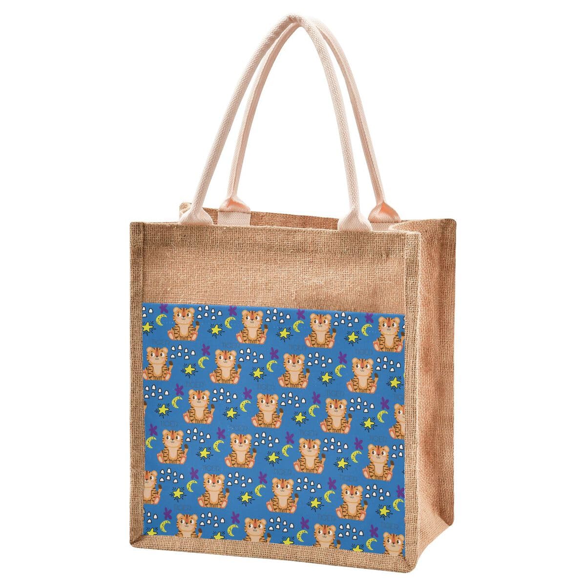 Jute Burlap Tote Bag Blue Navy Tiger Animal Cute Star Moon Dots Large Capacity Reusable Grocery Shopping Storage Bag